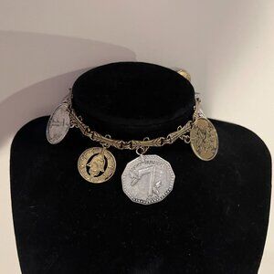 Vintage Charm Bracelet with Coin, Evil Eye and Hamsa Charms. Lobster Clasp.